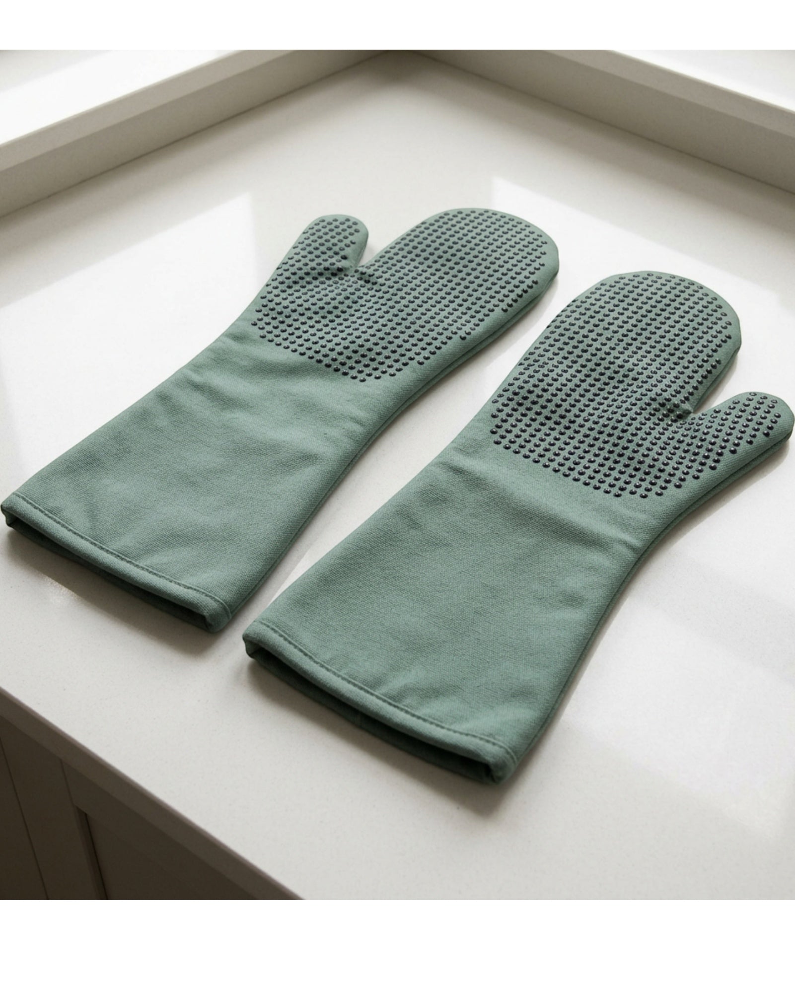 Tastyly Long Gauntlet Dot-Grip Oven Mitts 38 cm Eucalyptus Pair - Lifestyle view